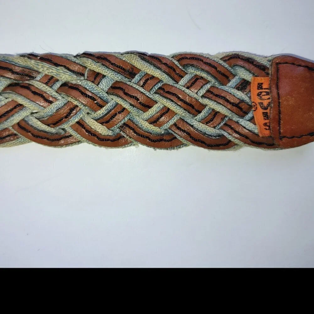 Vintage LEVI'S Hand Braided Leather & Denim Belt Orange Tab Brass Buckle Sz 32
